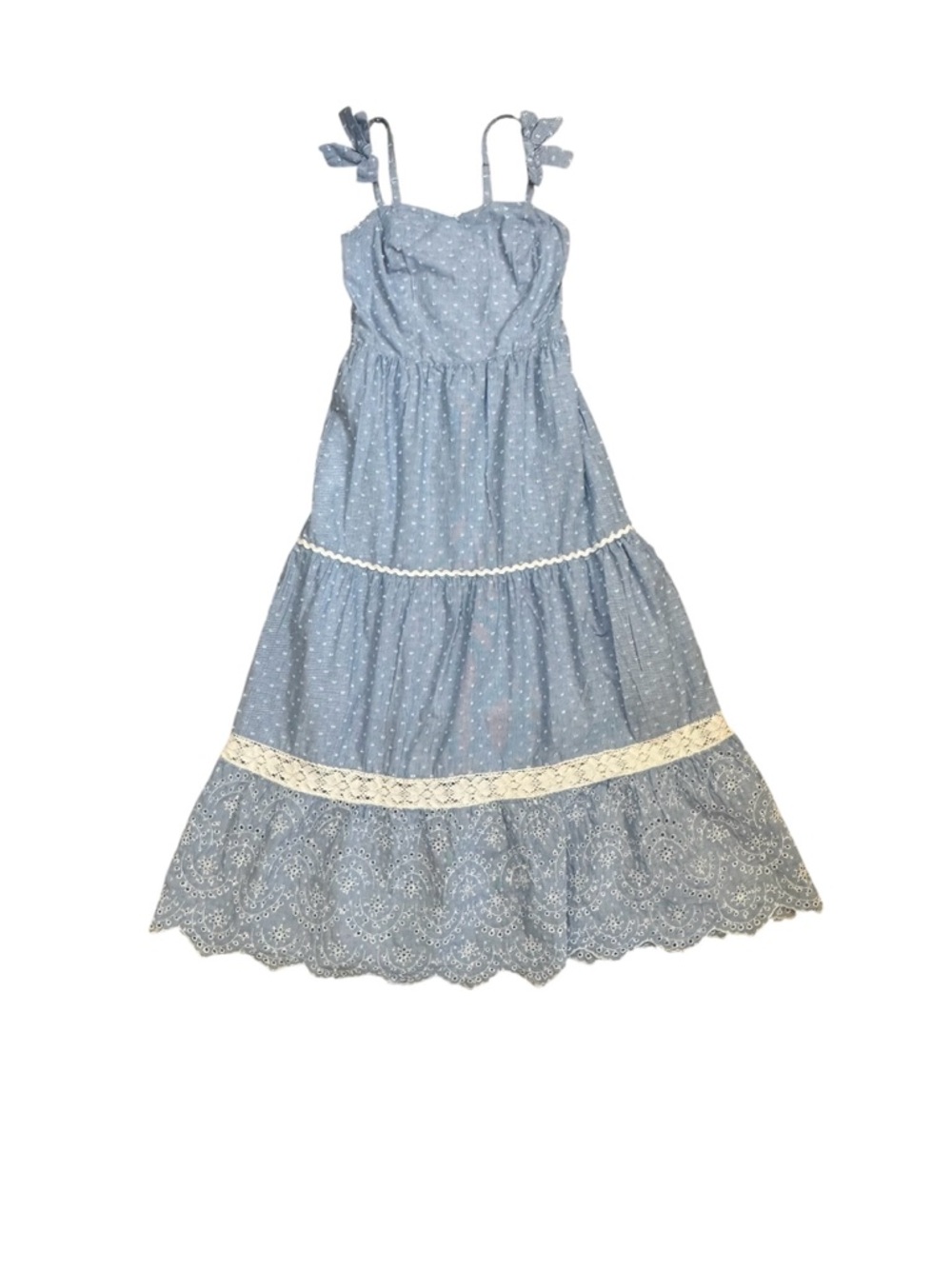 Shabby Chic Light Blue and White Smocked Dress with Blue Stripe Trim